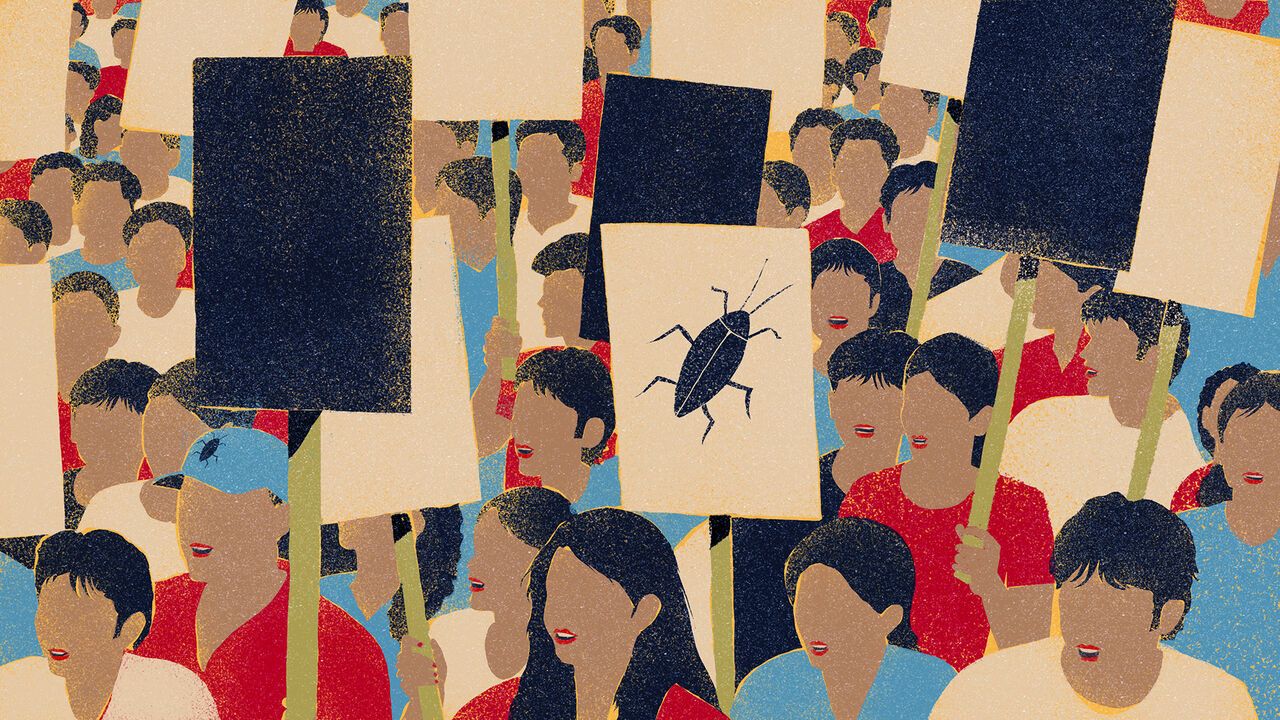 Illustration of a crowd of people with placards, one of which has a cockroach on it