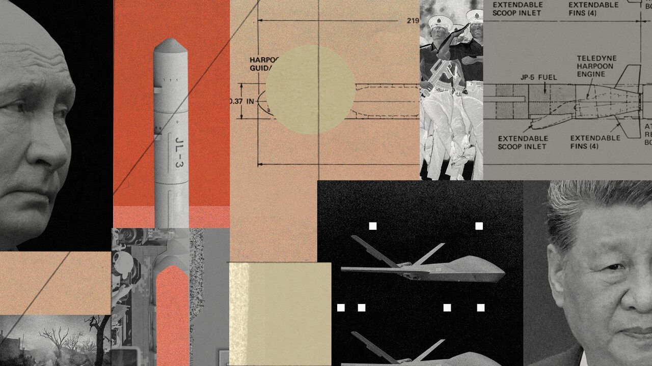 A photo collage featuring portraits of Vladimir Putin and Xi Jinping, alongside images of missiles and military parades.