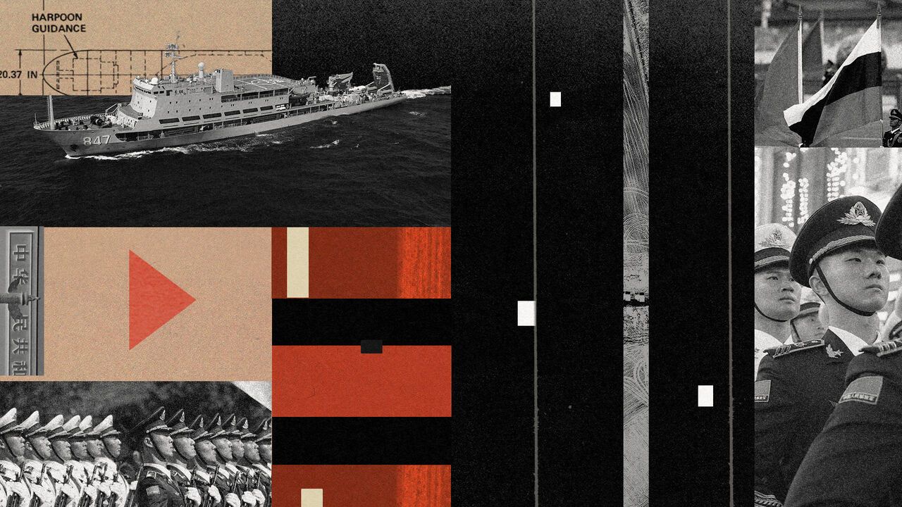 A photo collage featuring Chinese military parades and warships.
