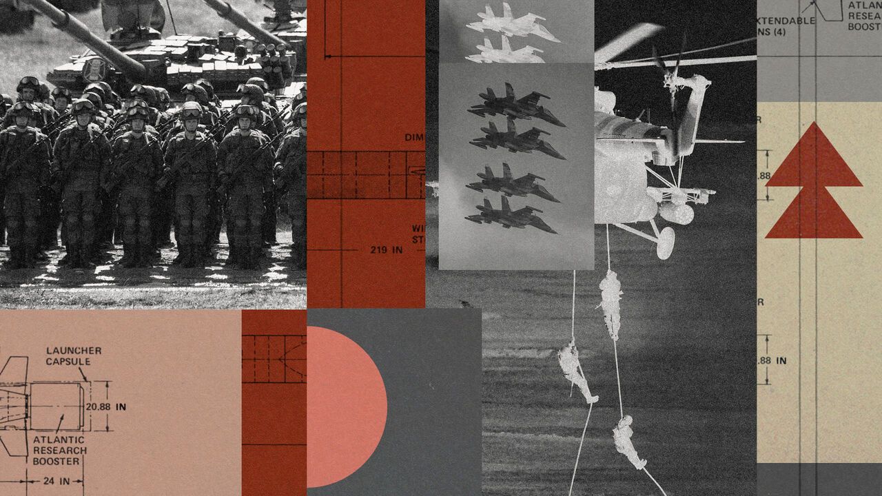 A photo collage featuring Russian fighter jets, military training exercises, and military drills.