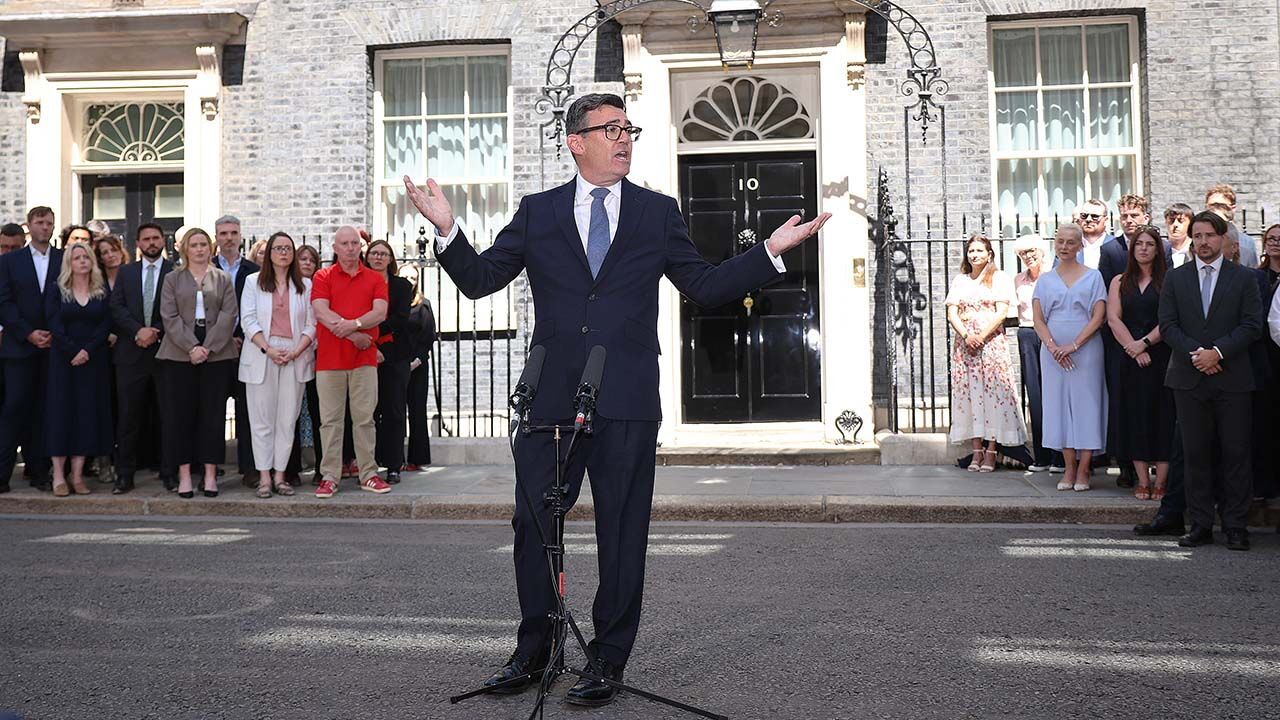 Andy Burnham delivering his inagural speech outside 10 Downing Street