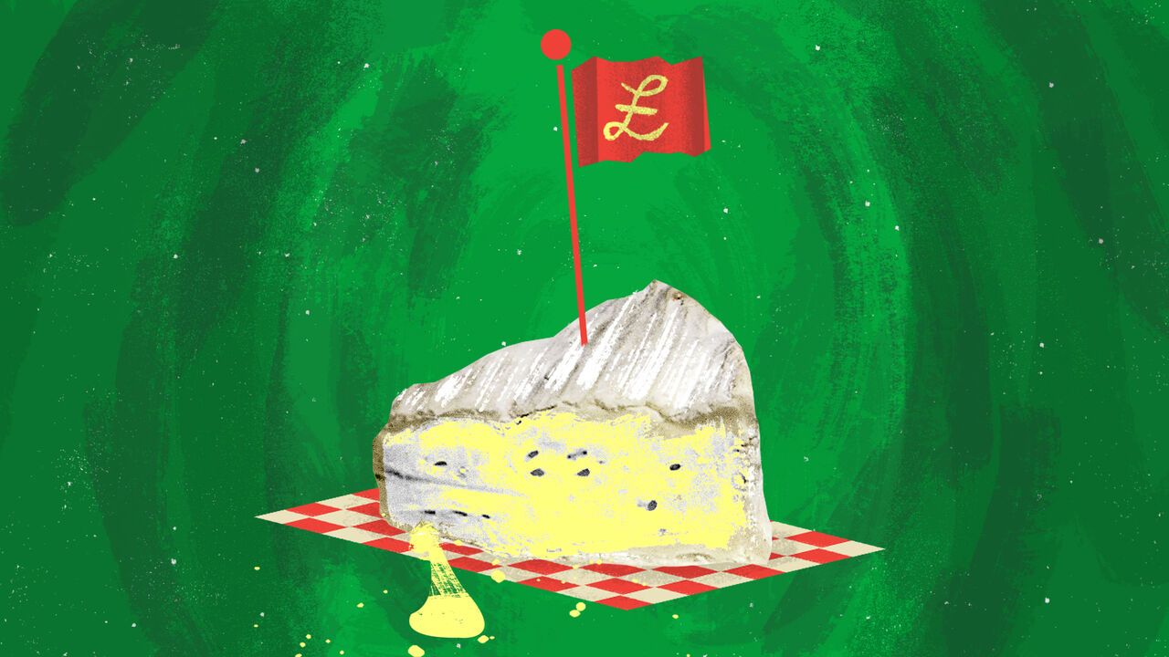 Illustration of a wedge of Camembert cheese on a picnic blanket with a red flag bearing a pound sign planted on top