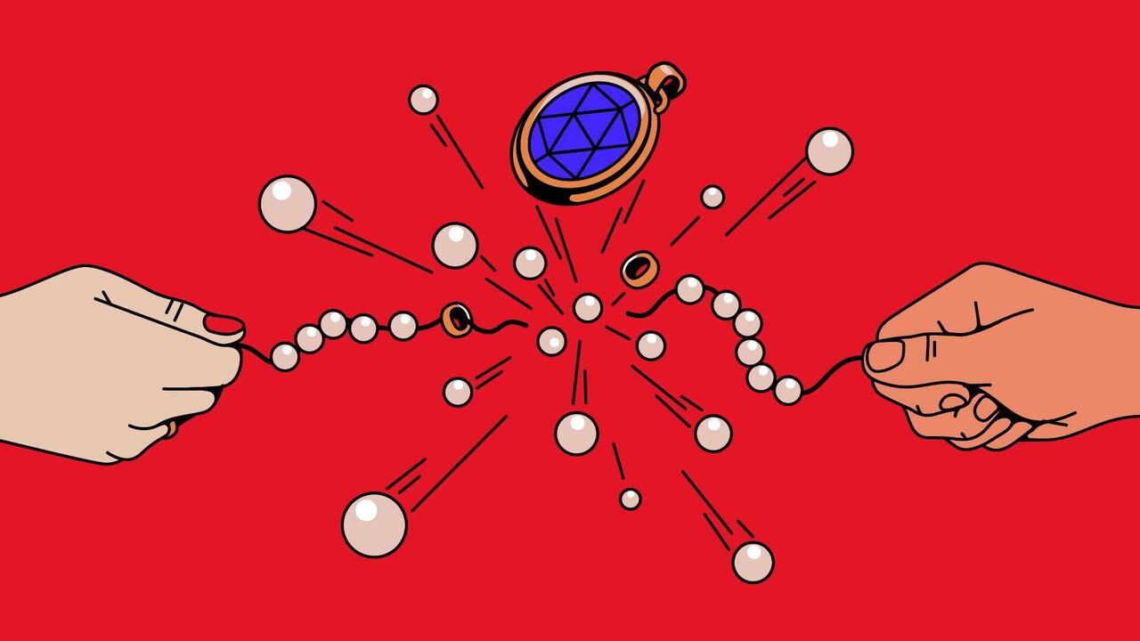 Illustration of two hands pulling at a pearl and jewelled necklace, breaking it and sending the pearls flying