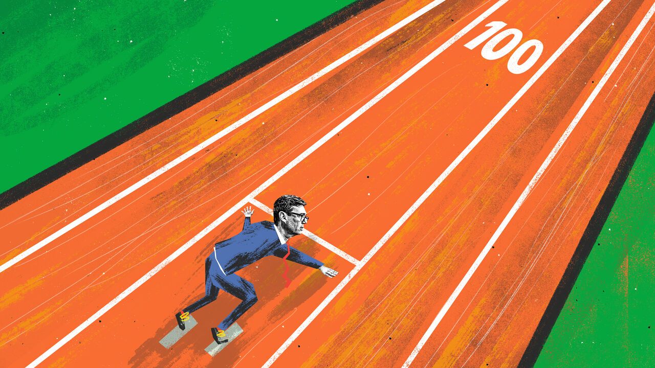 Illustration of Andy Burnham at the starting block for a foot race, his lane has the number 100 written in