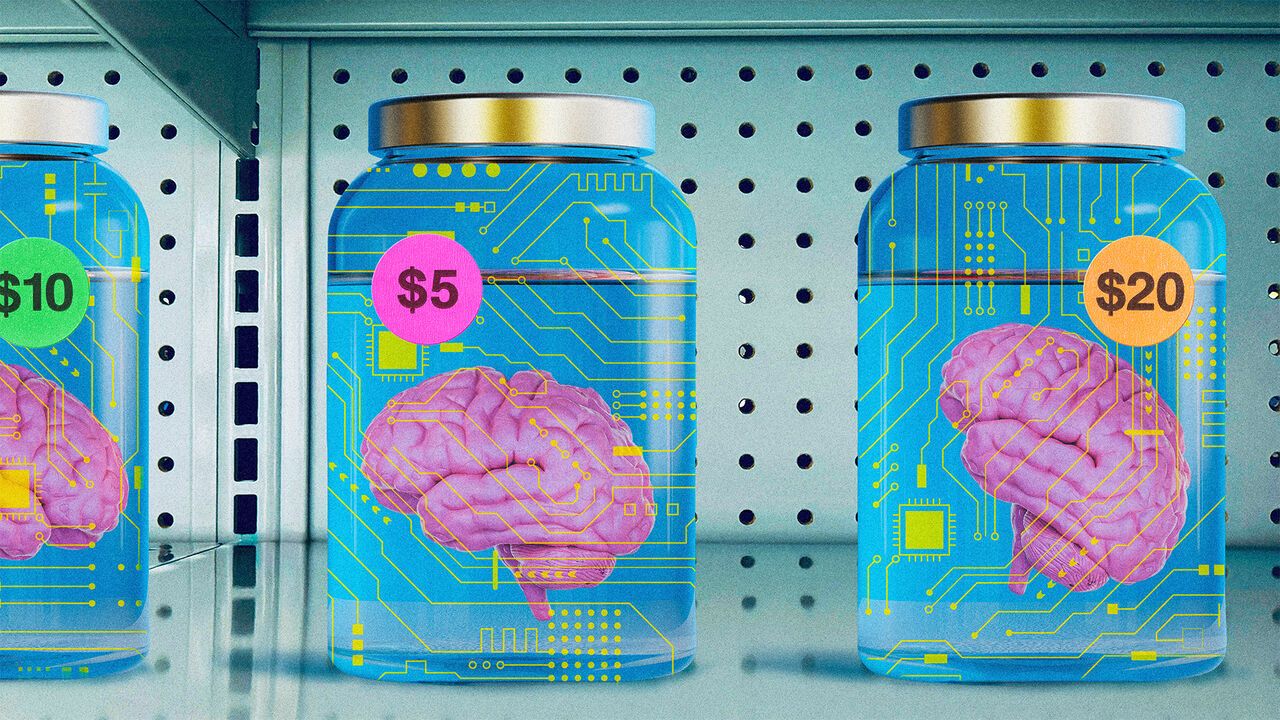 Illustration of three glass jars displayed on a store shelf, each containing a pink human brain suspended in bright blue liquid. The jars are overlaid with yellow circuit-board patterns and marked with colorful price stickers reading $5, $10, and $20