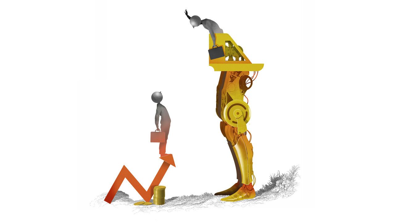 Illustration of one businessman standing on an upward graph beside stacks of coins, looking up at another businessman who is elevated on giant robotic legs and waving down from above.