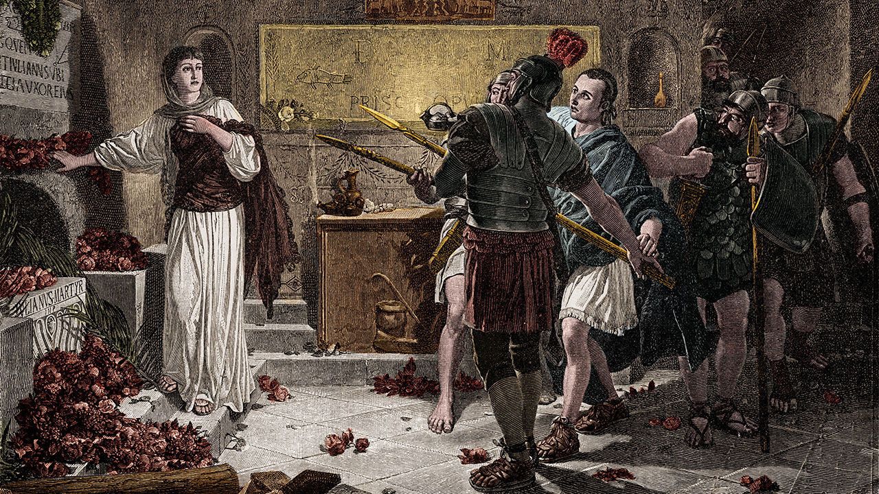 Christian martyr in the catacombs of Rome. 19th century illustration.