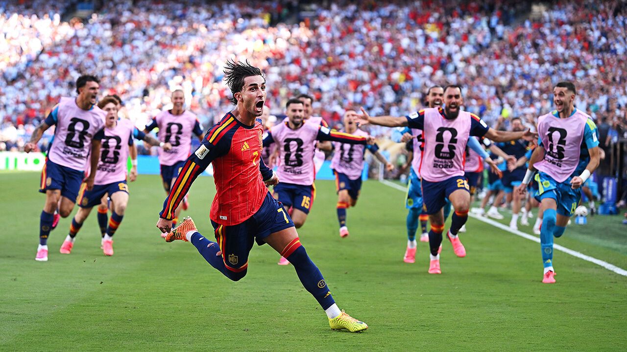 Ferran Torres #7 of Spain celebrates scoring his team's first goal during the FIFA World Cup 2026 Final match between Spain and Argentina at New York New Jersey Stadium on July 19, 2026