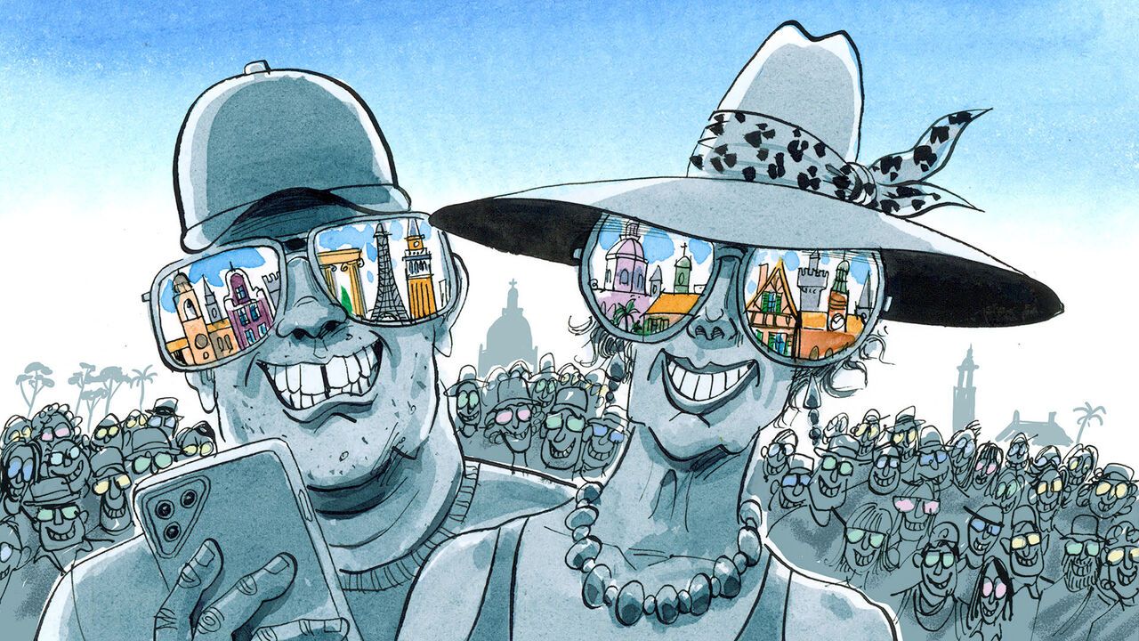 Illustration of two tourists with the reflection of European landmarks in their sunglasses.