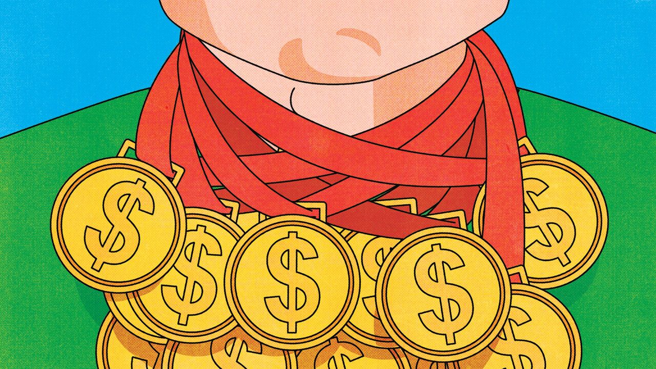 A close-up illustration of a person wearing many gold medals with dollar signs