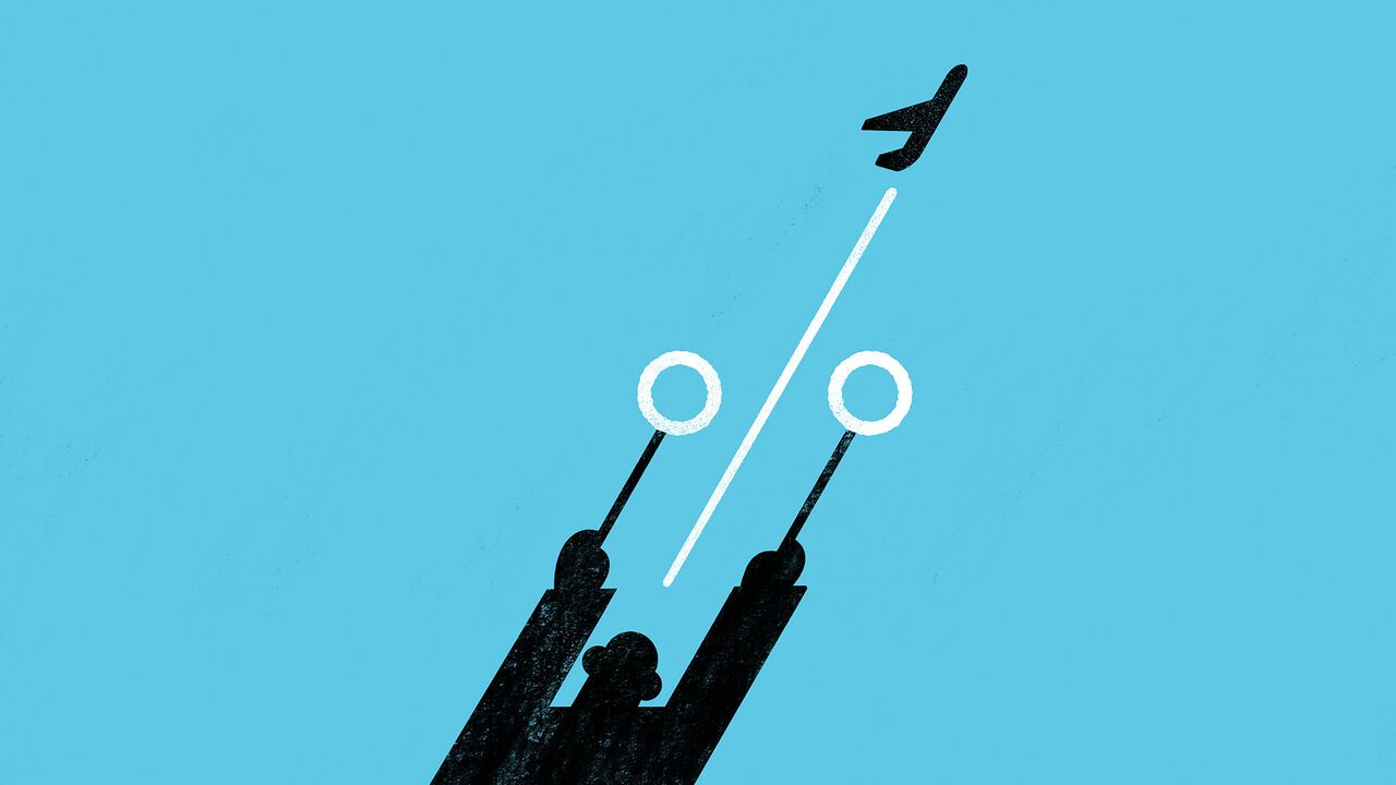 Illustration of a plane taking off with the trace of its passage forming a percentage sign with the person directing it.