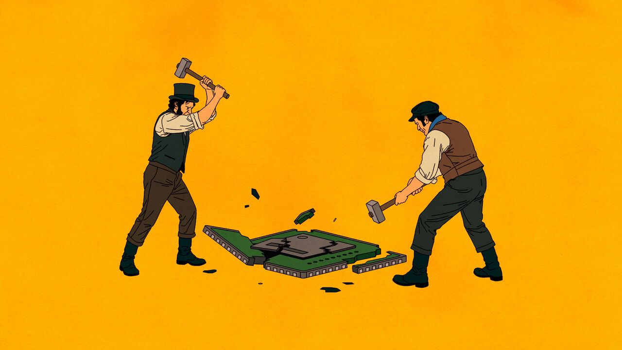 Two vintage workers smash a giant computer chip with sledgehammers on a bright yellow background