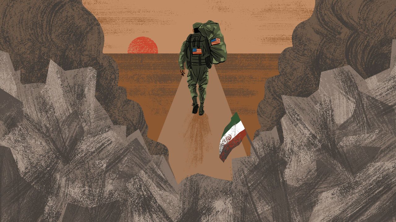 Illustration of a US soldier walking into the sunset leaving behind a pile of rubble with the Iran flag stuck in it.