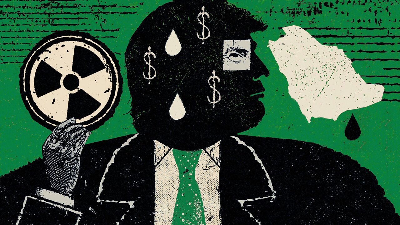Illustrations of Trump holding a nuclear symbol on a green background.