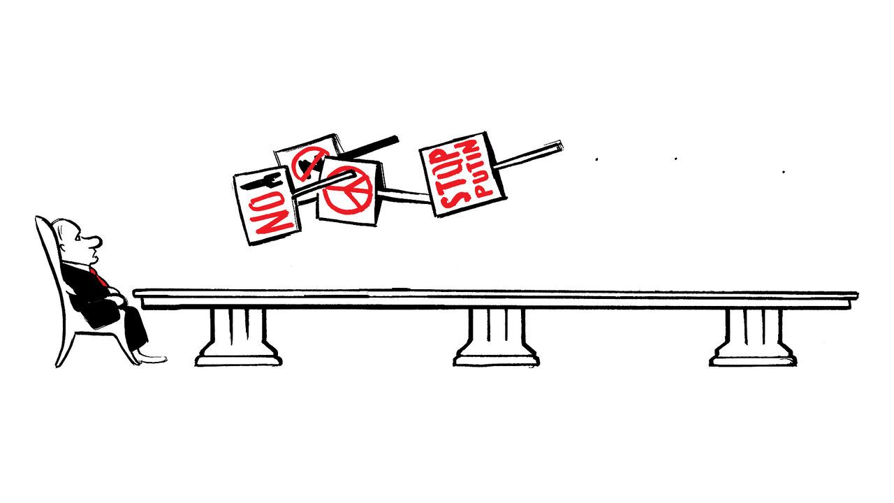 Illustration of a man looking like Putin sitting at the end of a long table, with signs flowing over it