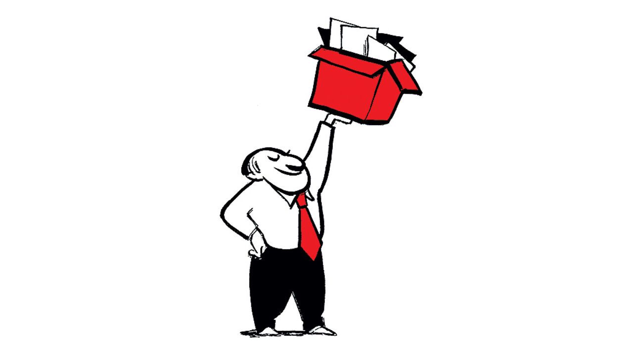 Illustration of a man in a shirt and tie holding a box full of papers.