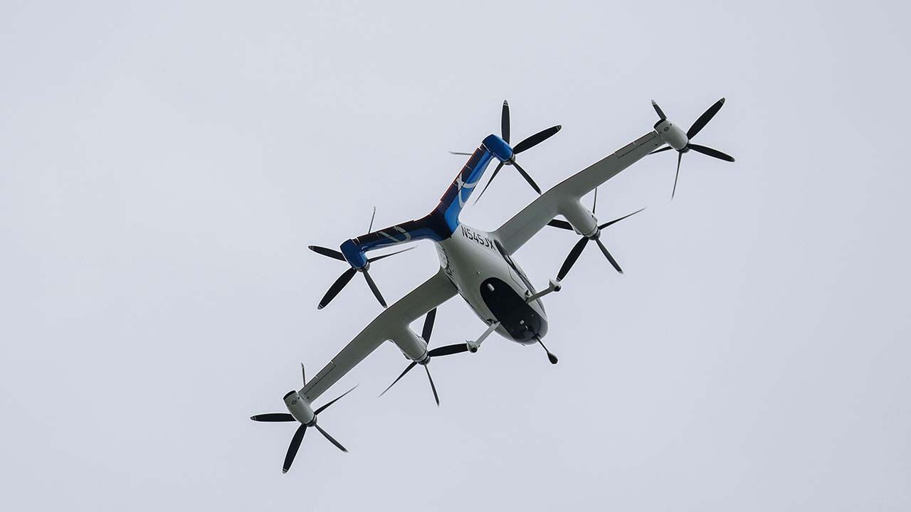A Joby electric vertical take-off and landing (eVTOL) aircraft in flight