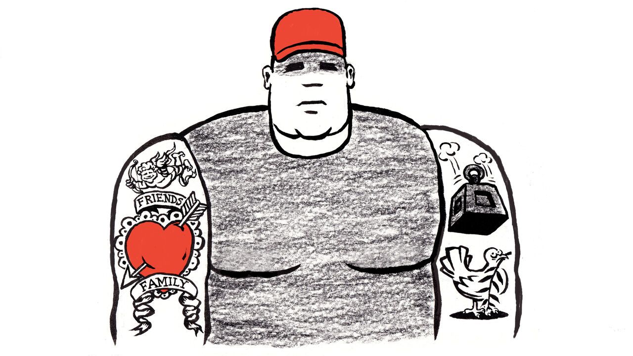 Illustration of a bulky man with a red cap and tattoos on this arms.