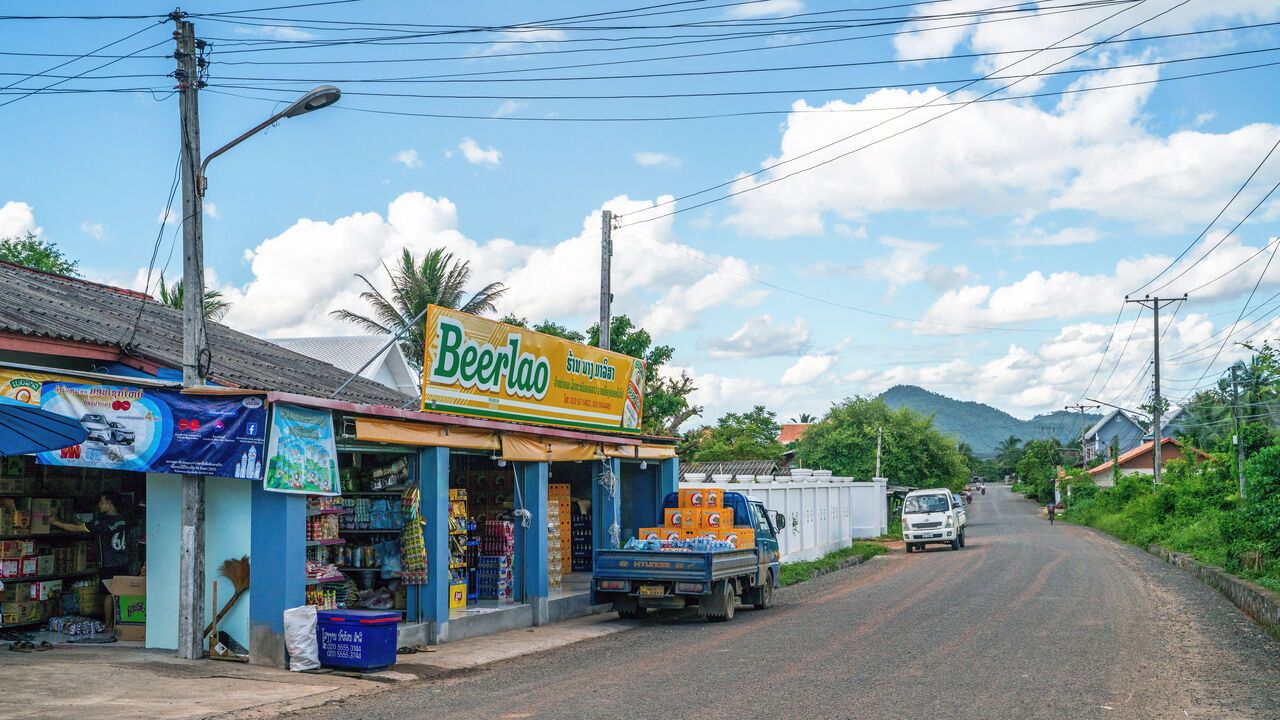 Beerlao logo, the Laotian beer, is spotted on the shop in Luang Prabang, Laos.