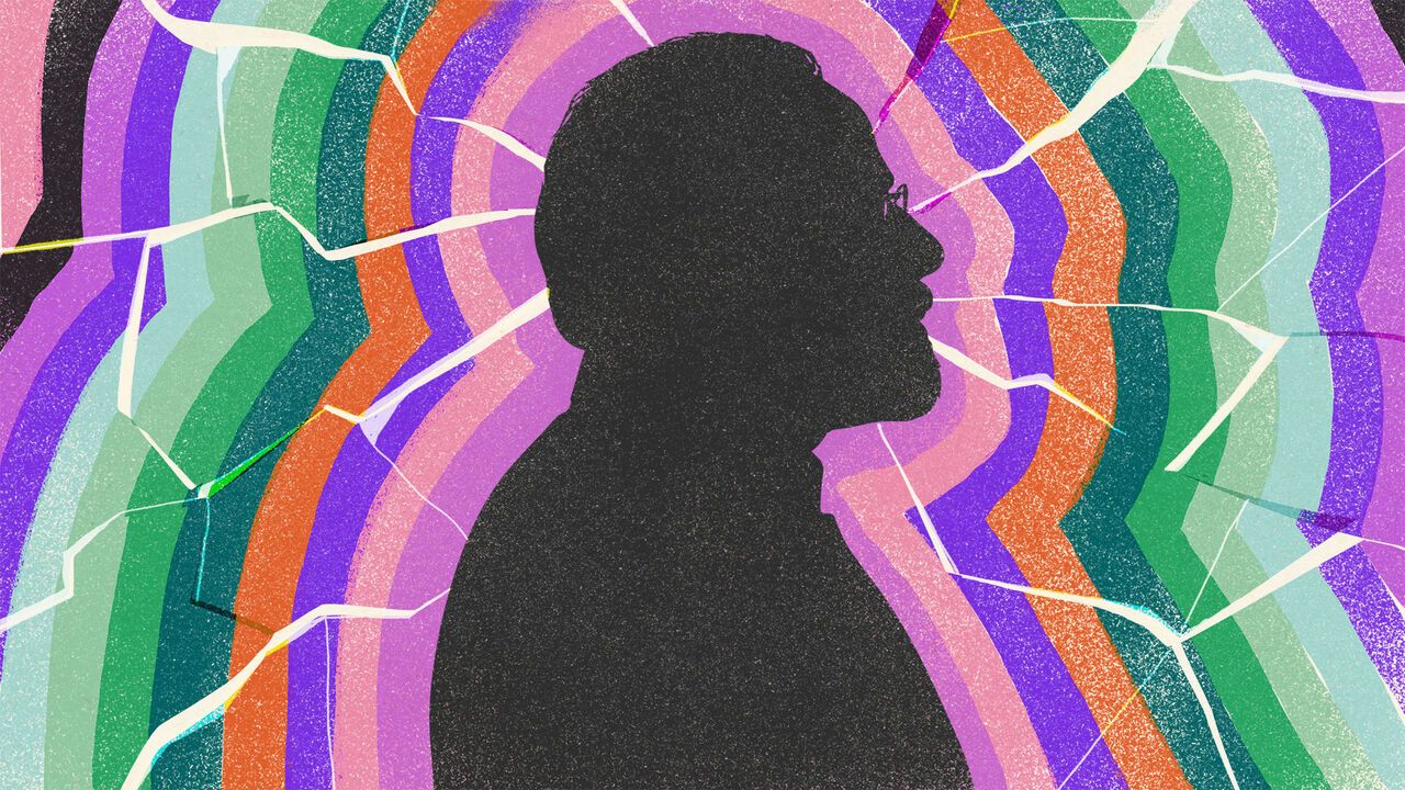 Illustration of Modi's silhouette with colours radiating from him that are all cracked like glass