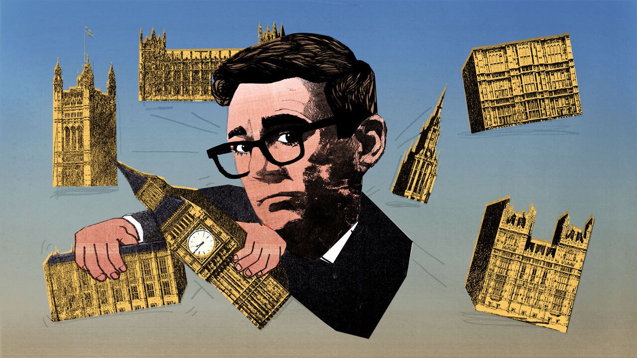 Illustration of Andy Burnham dismantling the houses of parliament