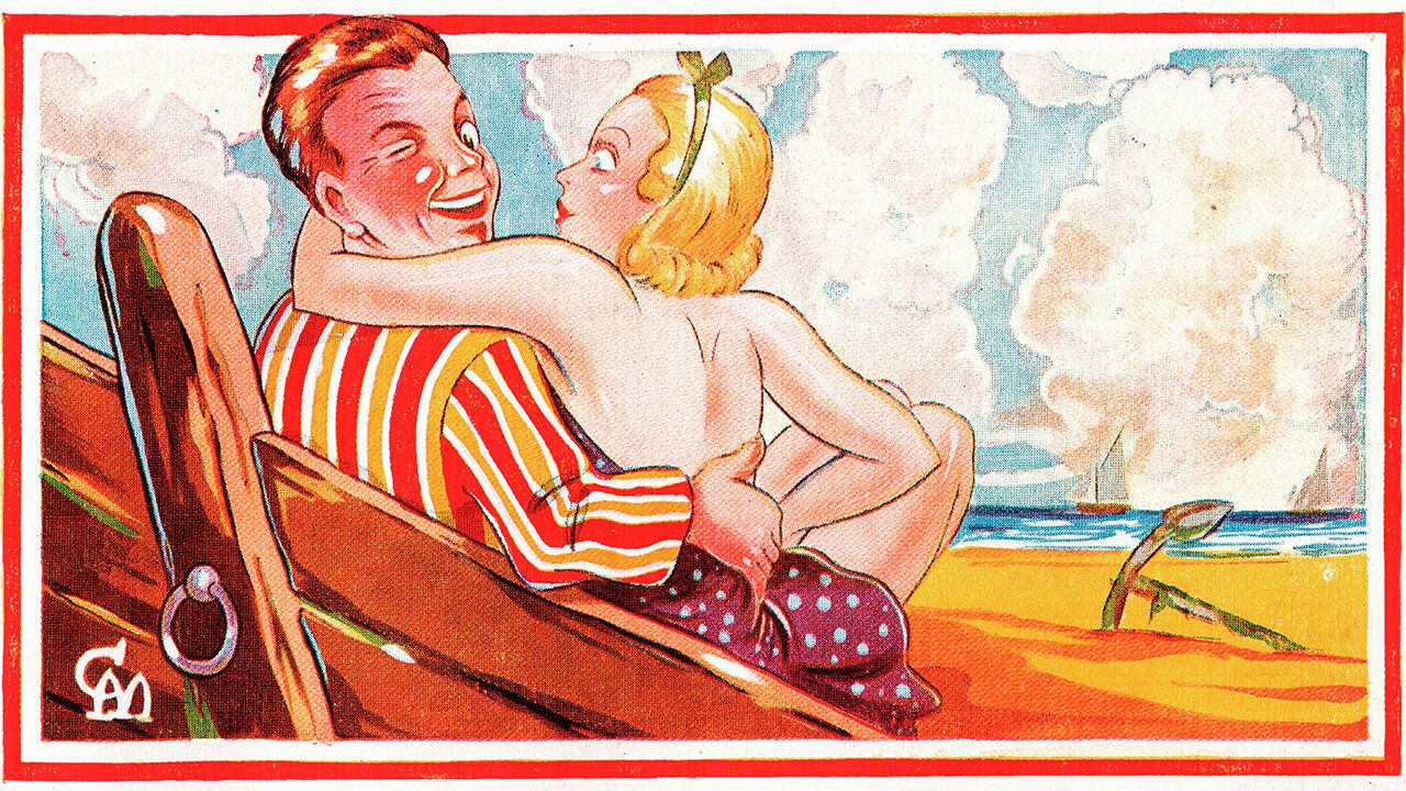 Comic postcard - a couple embracing on the beach. The postcard reads: 'It may be cloudy, but I've got my little ray of sunshine'.