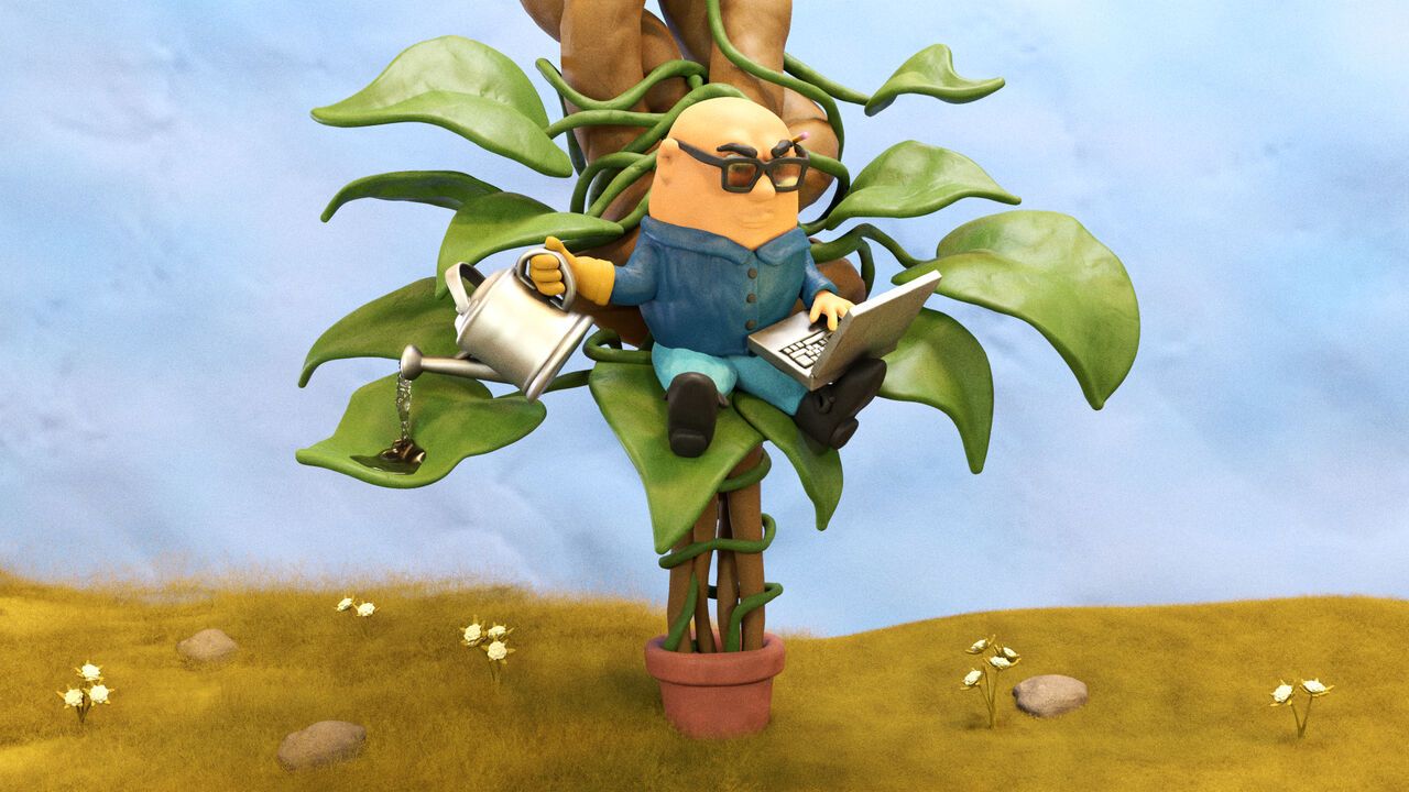 Clay-style illustration of a man sitting among the leaves of a beanstalk, working on a laptop while watering the plant with a watering can