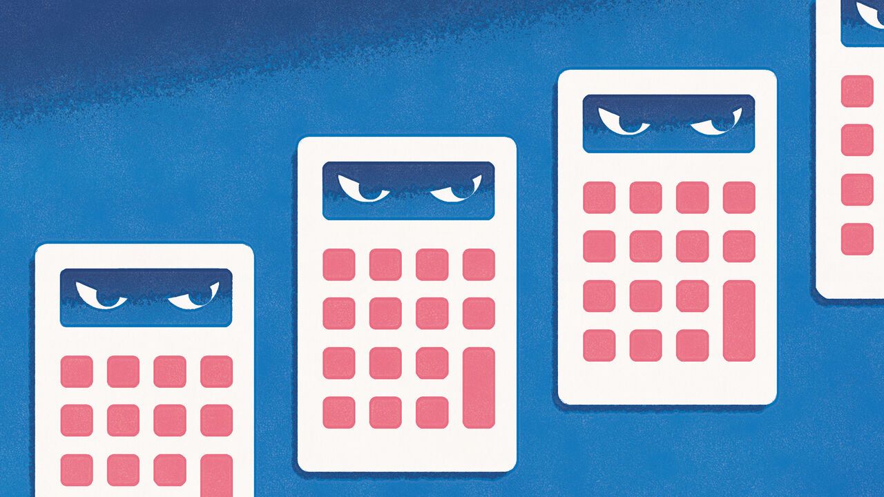 Illustration of calculator-like devices with narrowed, suspicious eyes on their displays, suggesting hidden financial scrutiny or fraud