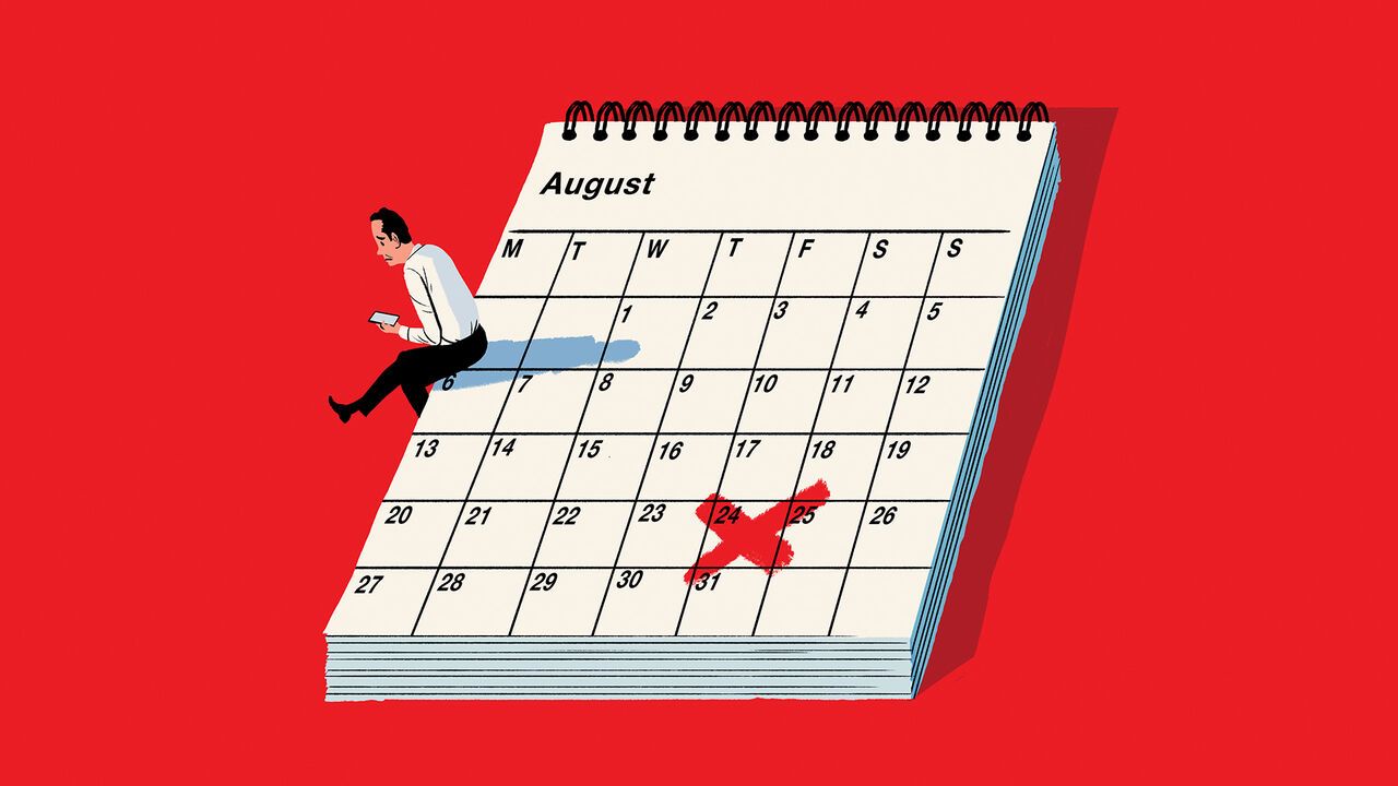 Illustration of a man sitting on a massive calendar while looking at the phone.
