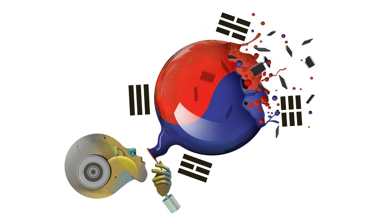 illustration of AI robot blowing korean bubble which has burst and lots of small computer chips flying out