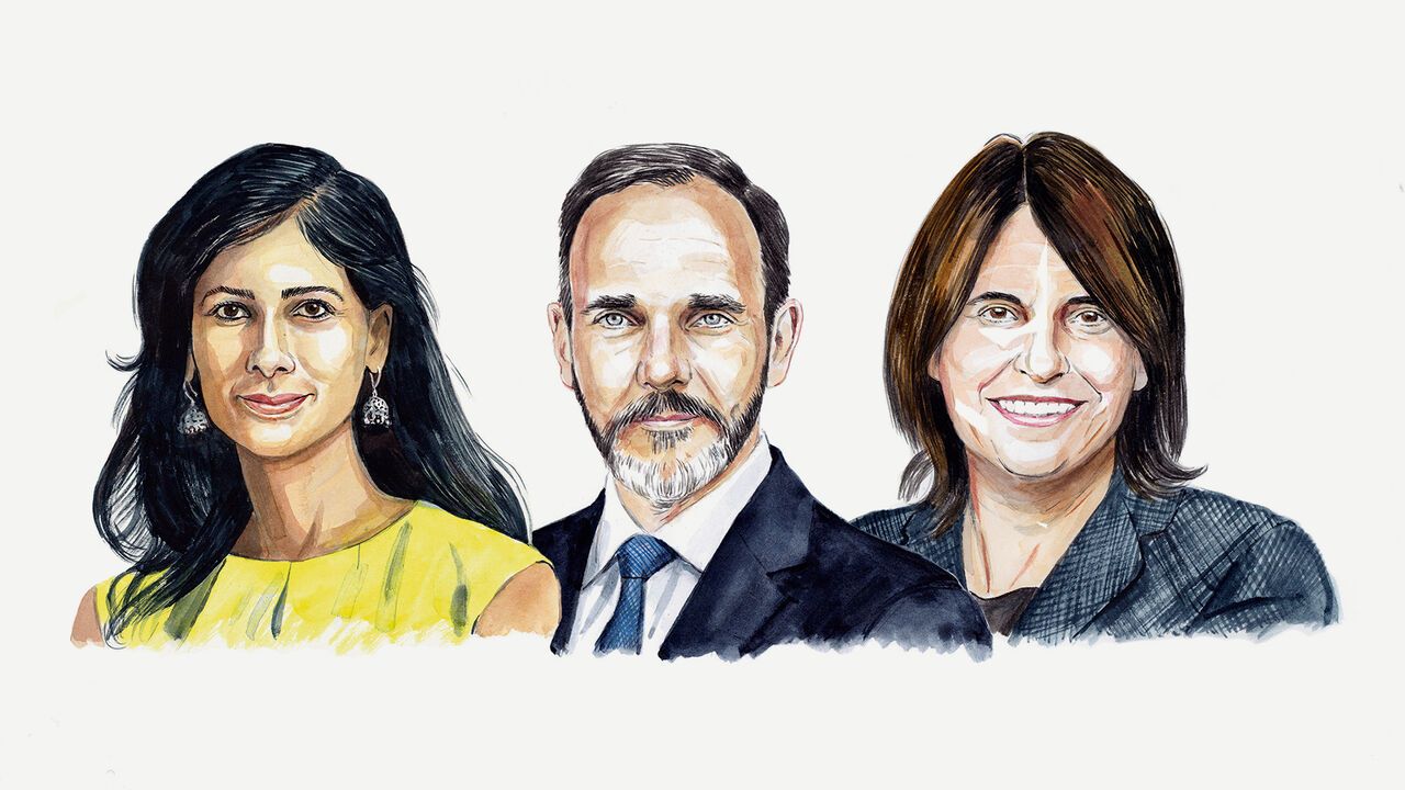 A portrait of Gita Gopinath, Pierre-Oliver Gourinchas and Helen Rey