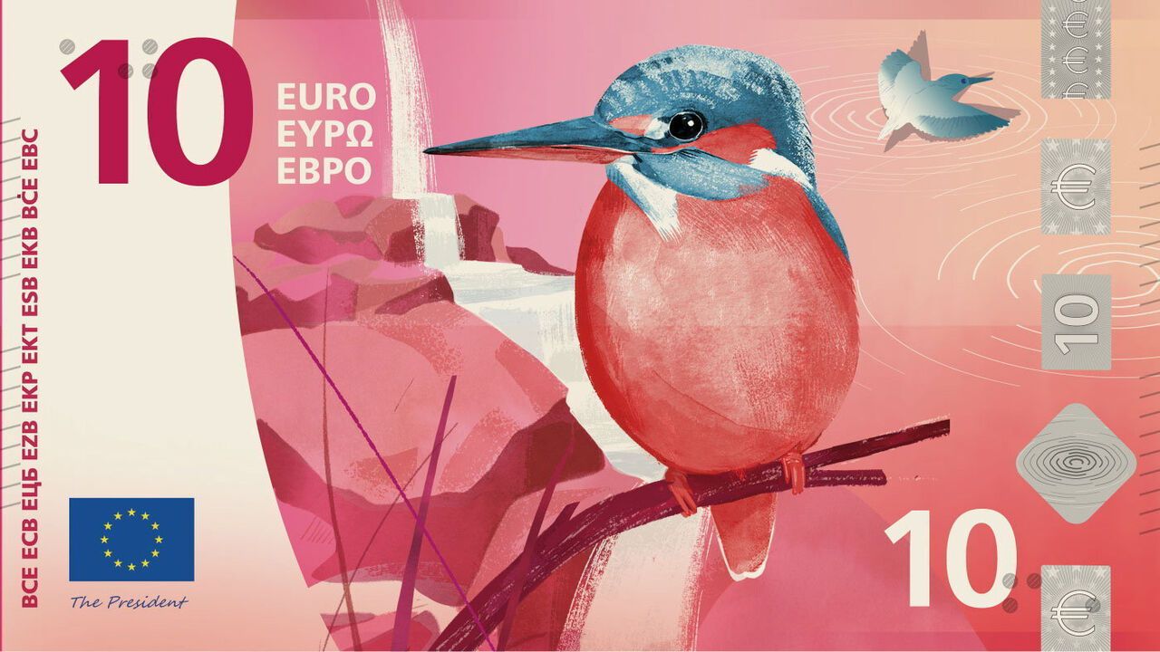 Painting of a Kingfisher bird on a proposed 10 euro note design.
