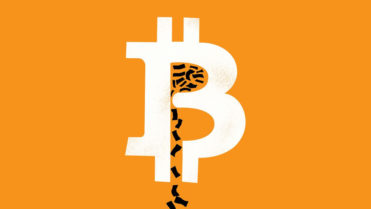 Minimal illustration of a cracked Bitcoin symbol on an orange background, with black fragments falling through the centre