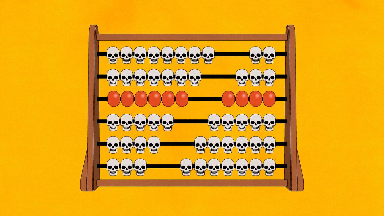 A wooden abacus with skulls instead of beads, plus one row of red beads, set against a bright yellow background