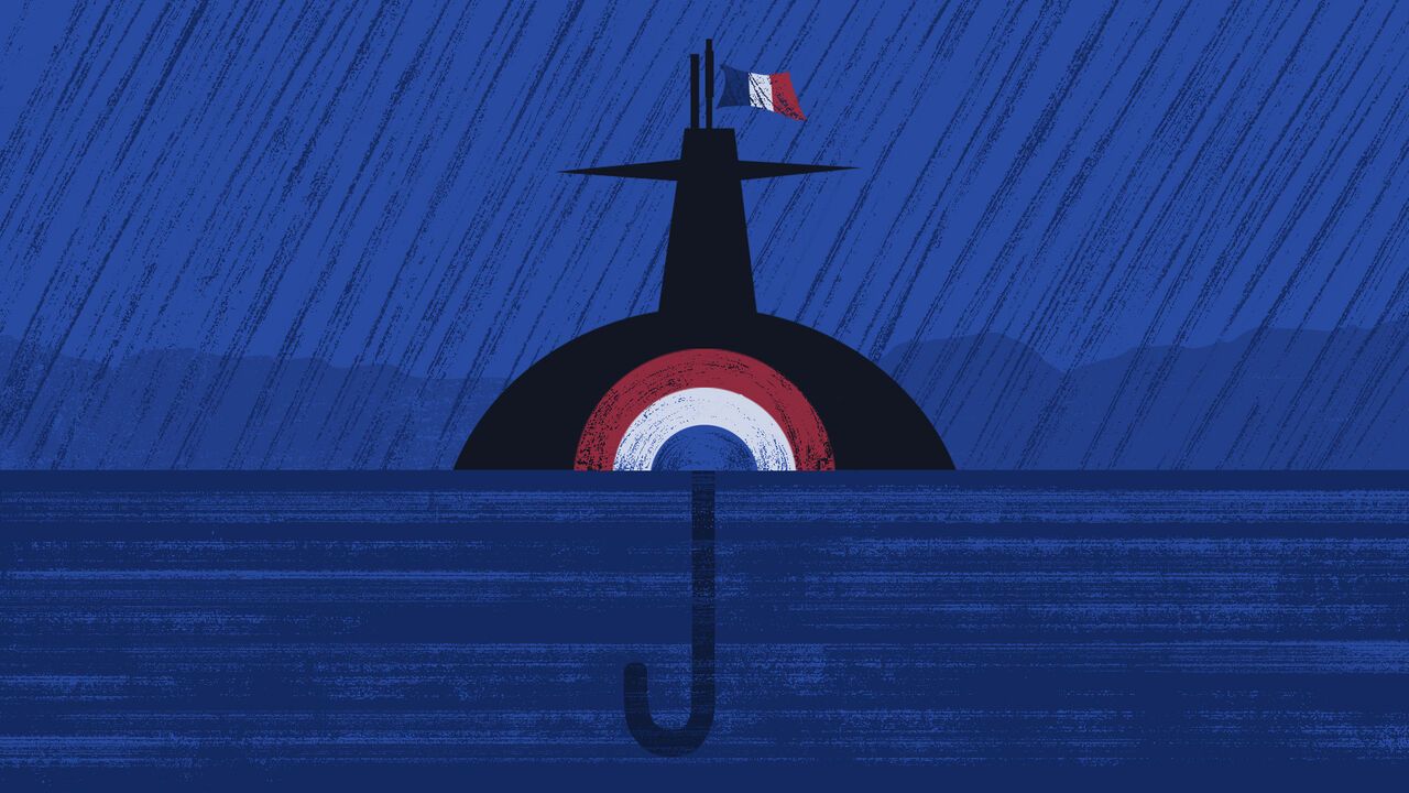 Illustration of a submarine half submerged with a blue, white and red target on the front and a French flag flying from the top. Below the water level an umbrella handle can be seen to form an umbrella shape with the top of the submarine. Rain is falling.