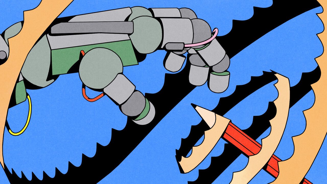 Illustration of a robotic hand reaching toward a red pencil, with long curling pencil shavings winding between them