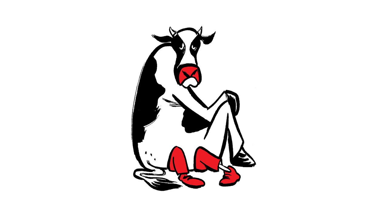 The illustration depicts a cow sitting with its knees drawn up like a dejected person, its head lowered and expression glum. By giving the animal human posture and emotions, it suggests the dairy or livestock industry is under pressure or feeling defeated,