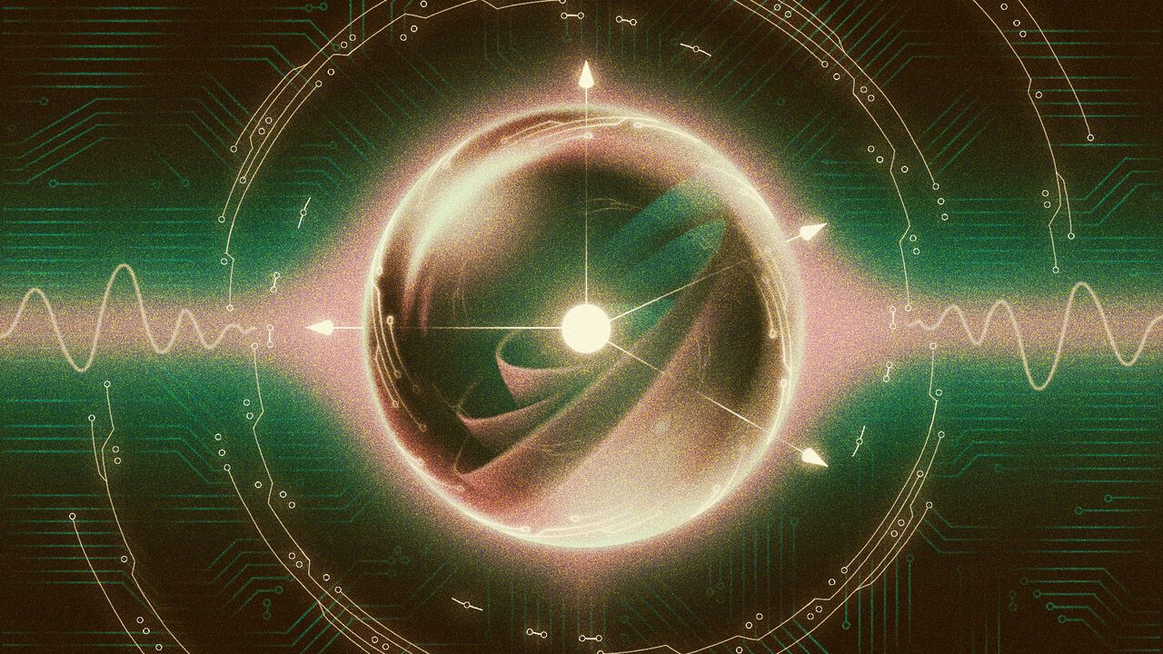 The illustration depicts a glowing sphere surrounded by circuit patterns, waveforms and directional arrows, resembling both a quantum particle and a digital processor. It symbolises the convergence of quantum physics and computing, highlighting the flow, c