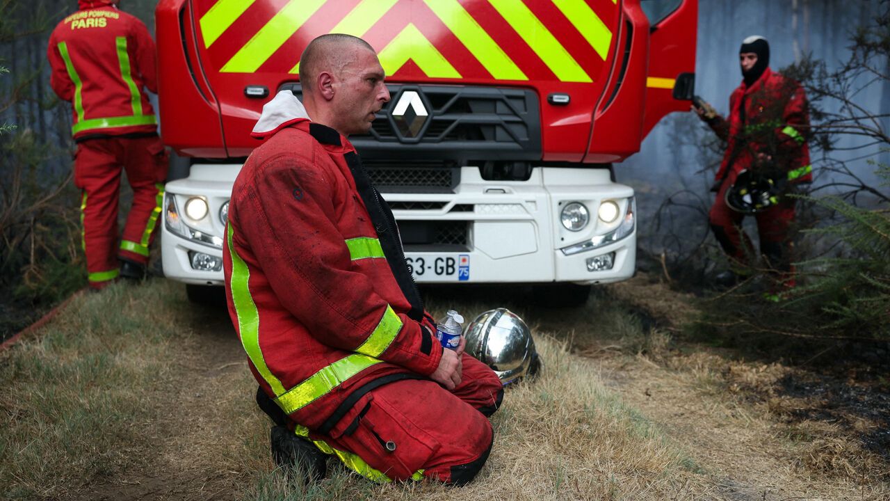 Firefighters of Paris Fire Brigade rest in Marcheprime west of Bordeaux.