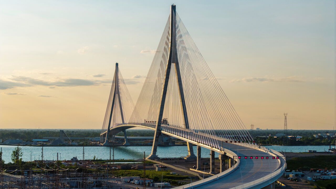 A drone view of the Gordie Howe International Bridge.