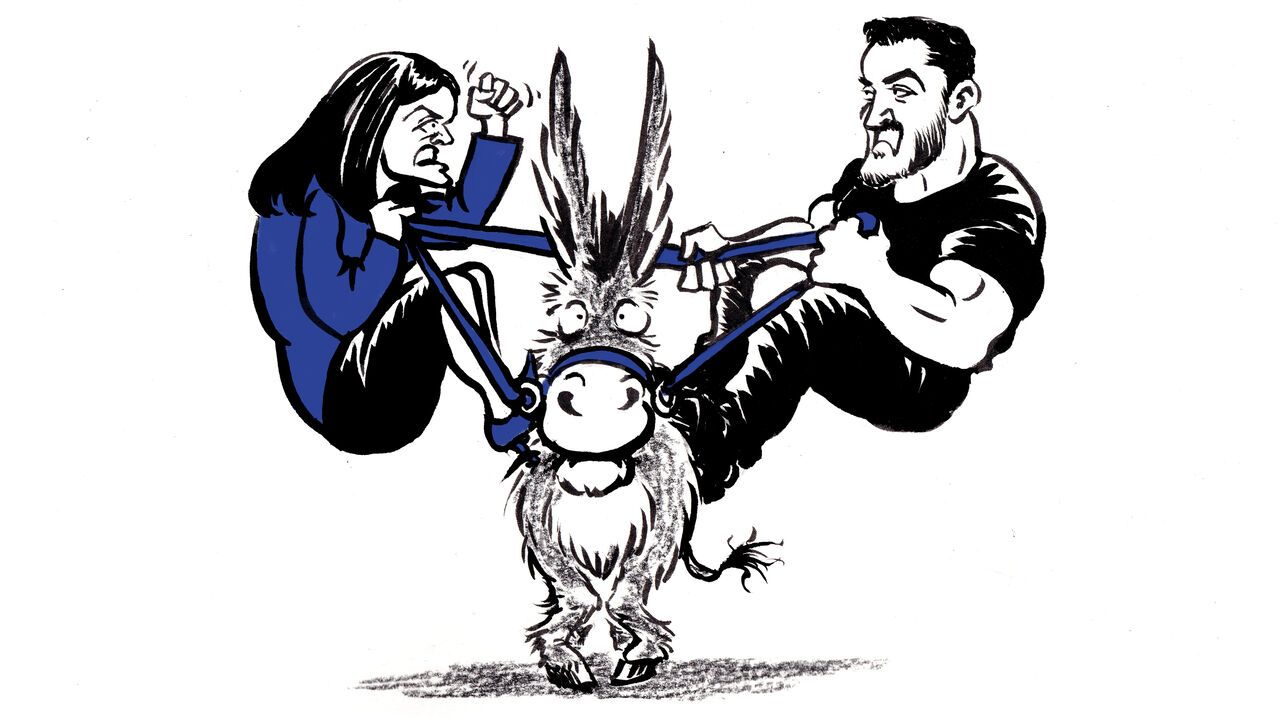 Two people pull a donkey's reins in opposite directions, leaving the startled animal caught in the middle.