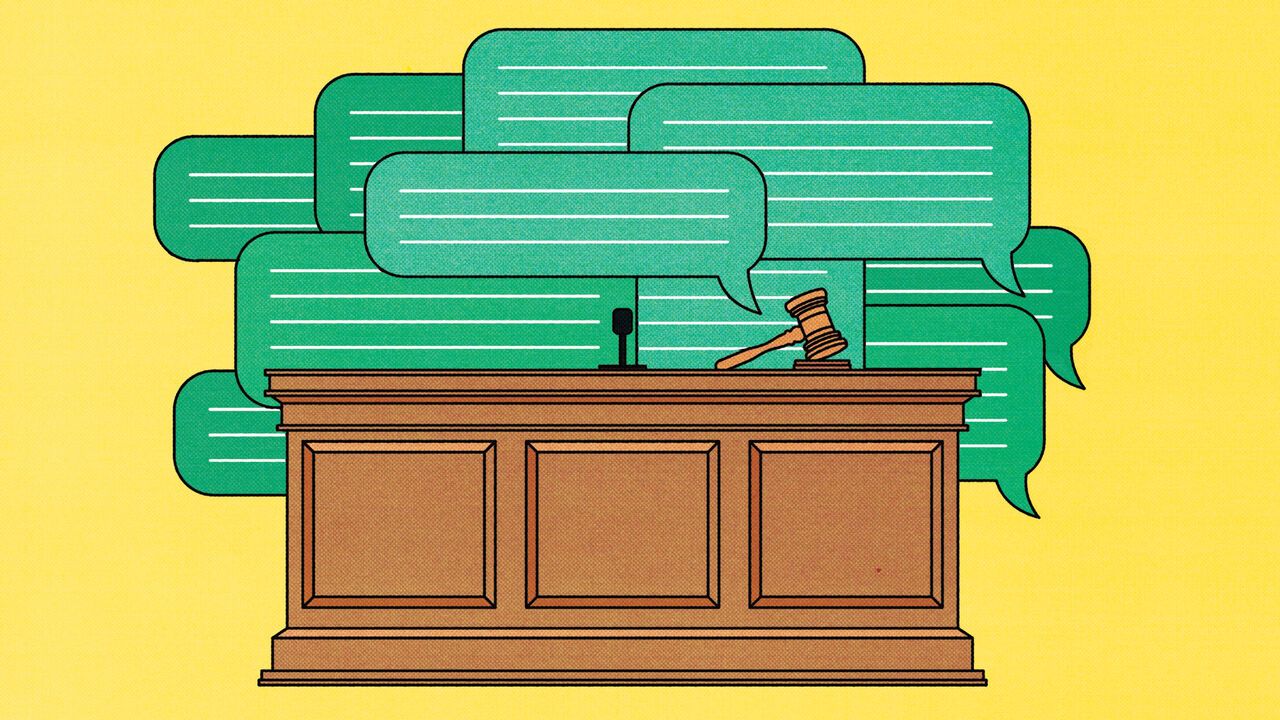 Illustration of a juddge's bench with lots of text bubbles behind it