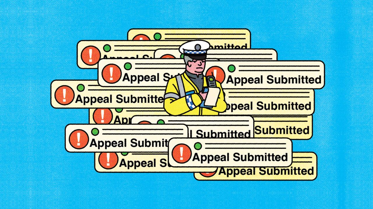 Illustration of a parking warden surrounded by pop ups that say 'Appeal Submitted'