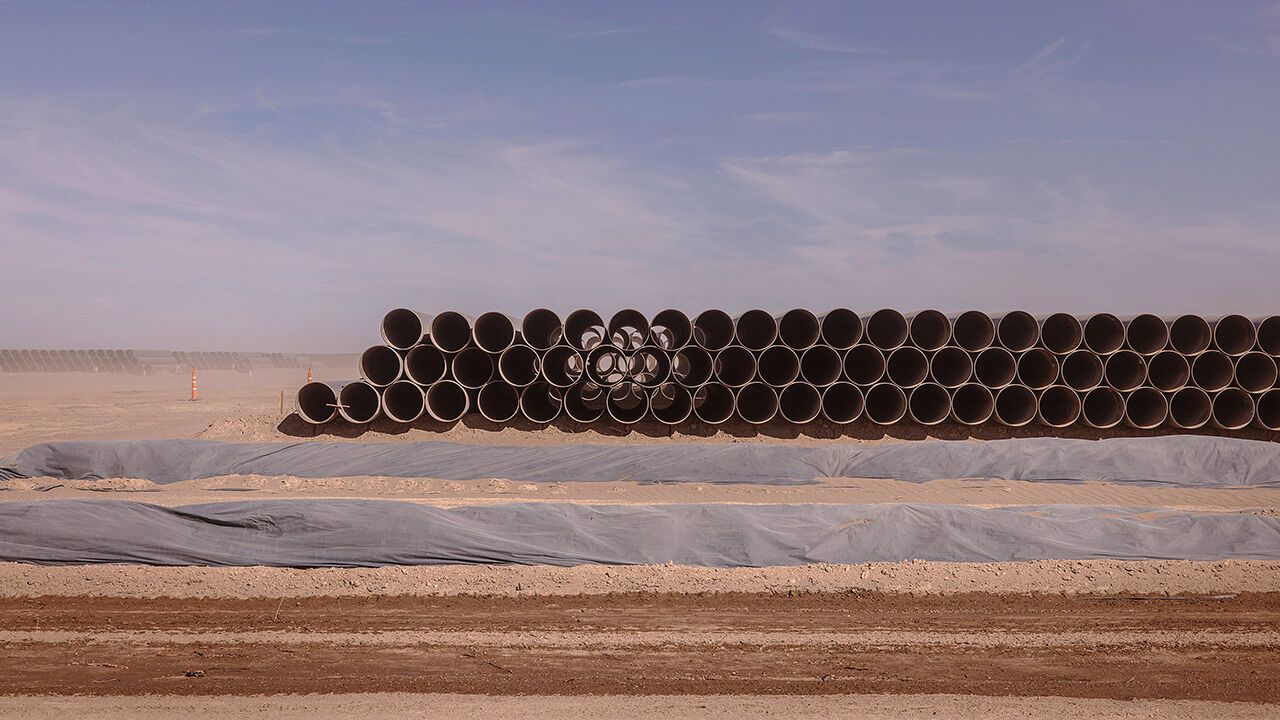 Pipes for the Vaca Muerta Sur pipeline while under construction in Neuquen, Argentina