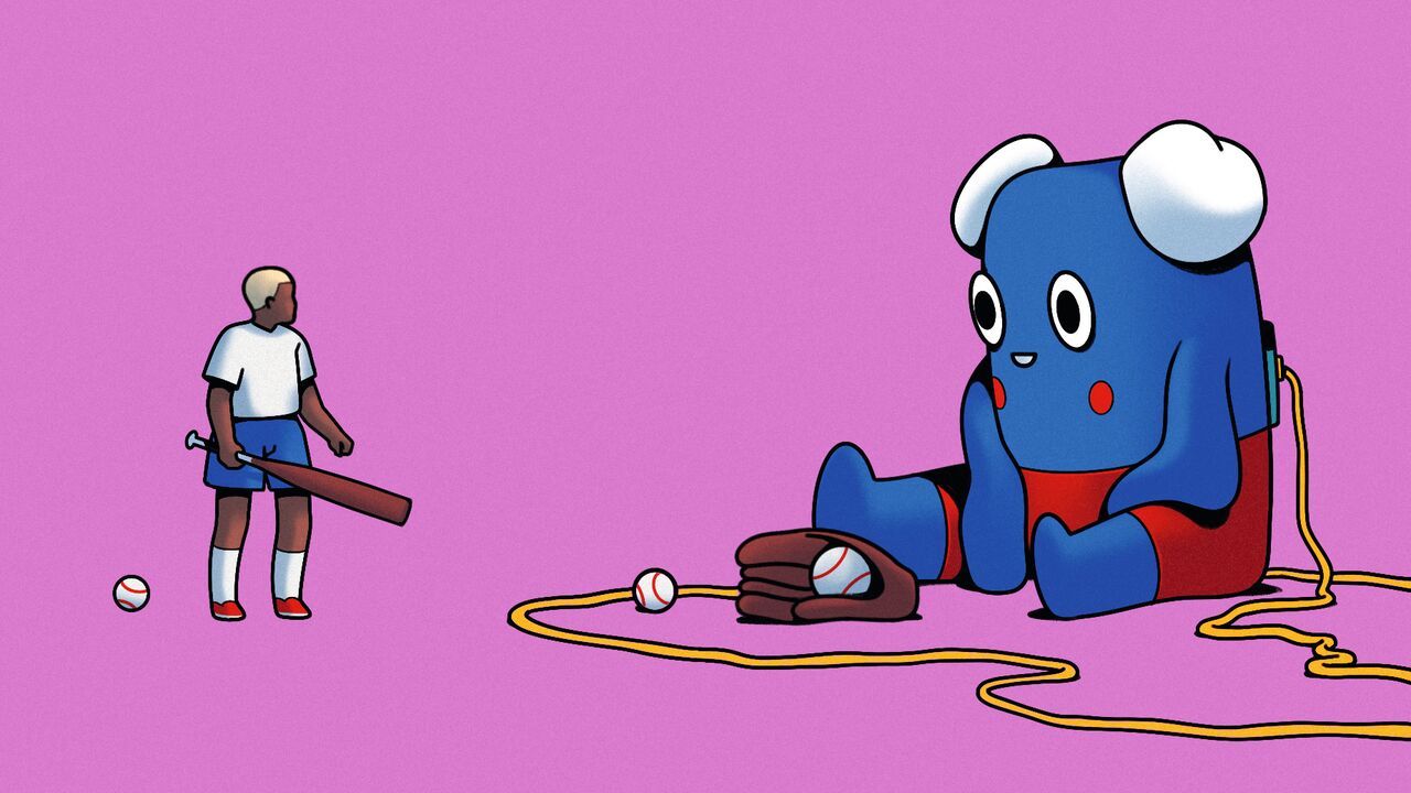 Illustration of a child holding a baseball bat facing a large AI companion toy seated on the ground with a baseball glove and ball on the ground.