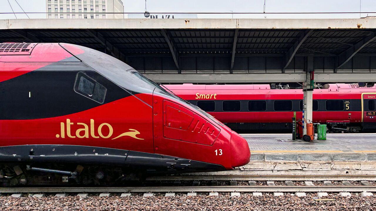 An Italo high-speed train is at Venezia Santa Lucia railway station in Venice, Italy.