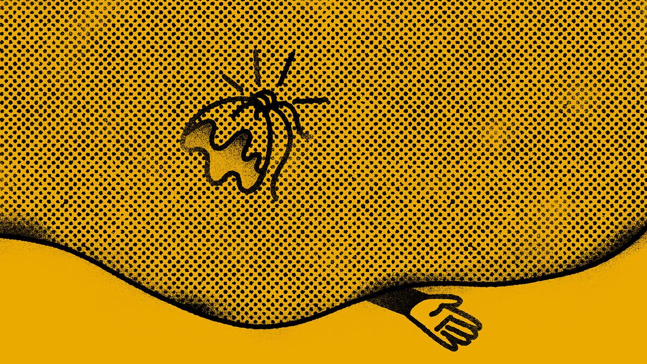 A black-and-yellow illustration of a balloon with a tied knot and a small hand peeking out from underneath