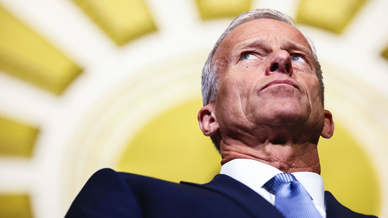U.S. Senate Majority Leader John Thune speaks following a policy luncheon at the U.S. Capitol.