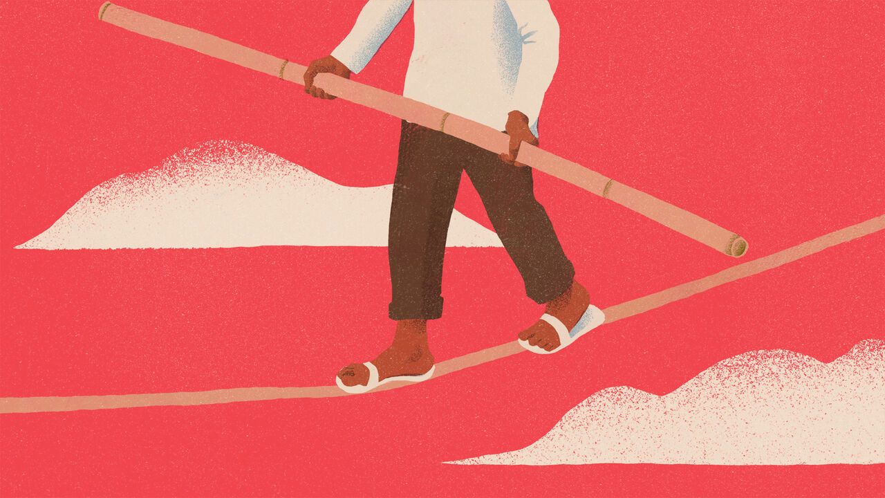 Illustration of a man in sandals walking a tightrope, holding a balance pole made out pf bamboo
