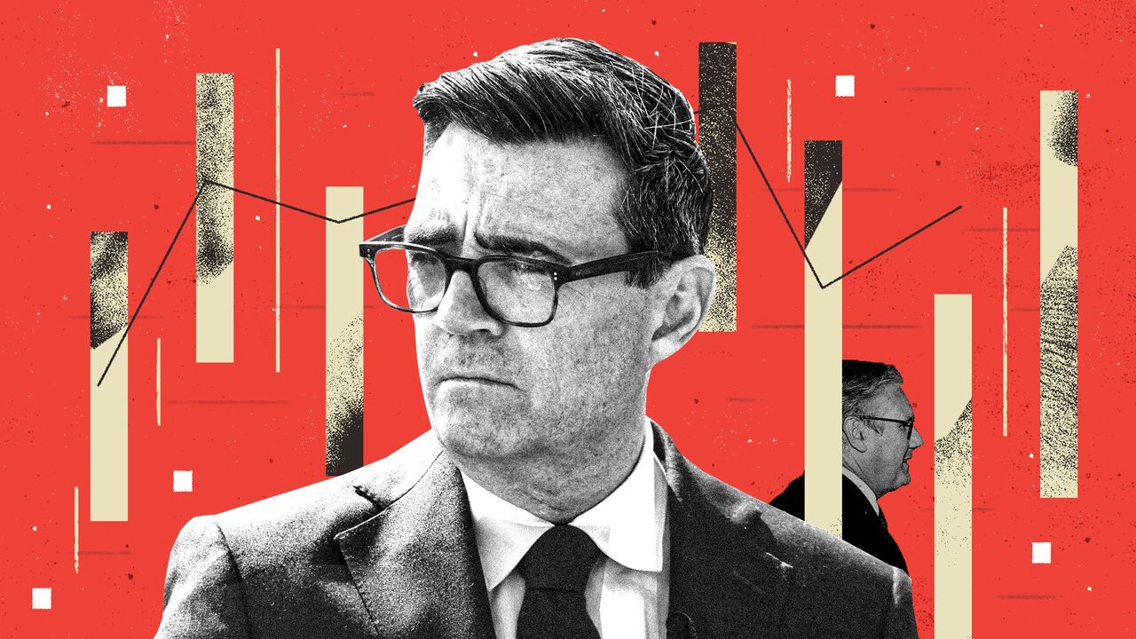 Collage illustration, Andy Burnham in the foreground looking serious, Kier Starmer in the background walking away, graph like shapes surround them